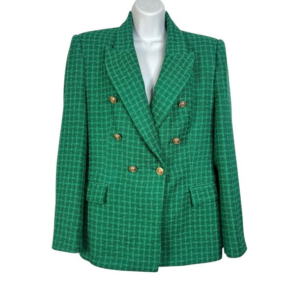 Zara Textured Double Breasted Blazer Coat Jacket Gold Button Green Plaid Large - Picture 7 of 16